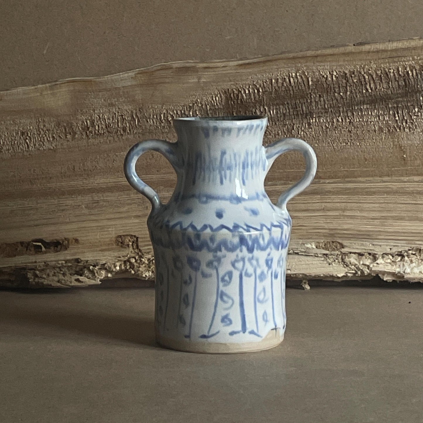 Blue and white abstract stripes bottle vase - handmade unique ceramic