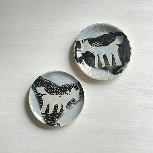 Pair of little plates for sushi, rings, cakes, wall display in soft blue and black