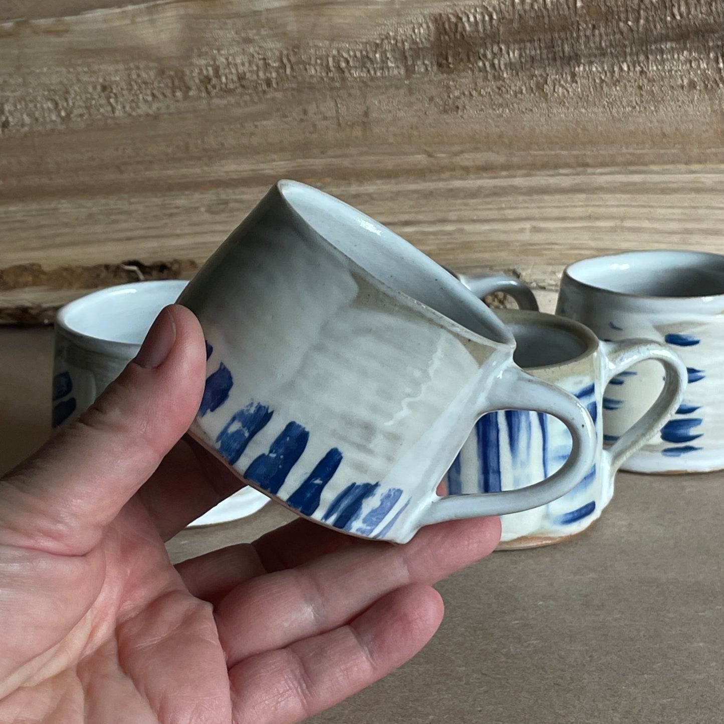 Espresso cups in abstract blue stripes - handmade unique ceramic gifts for coffee lovers