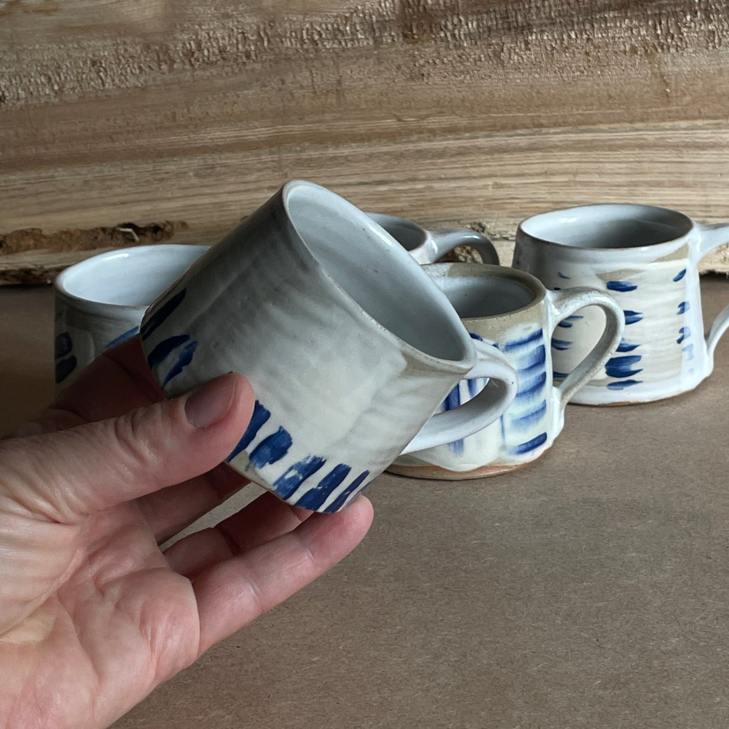 Espresso cups in abstract blue stripes - handmade unique ceramic gifts for coffee lovers