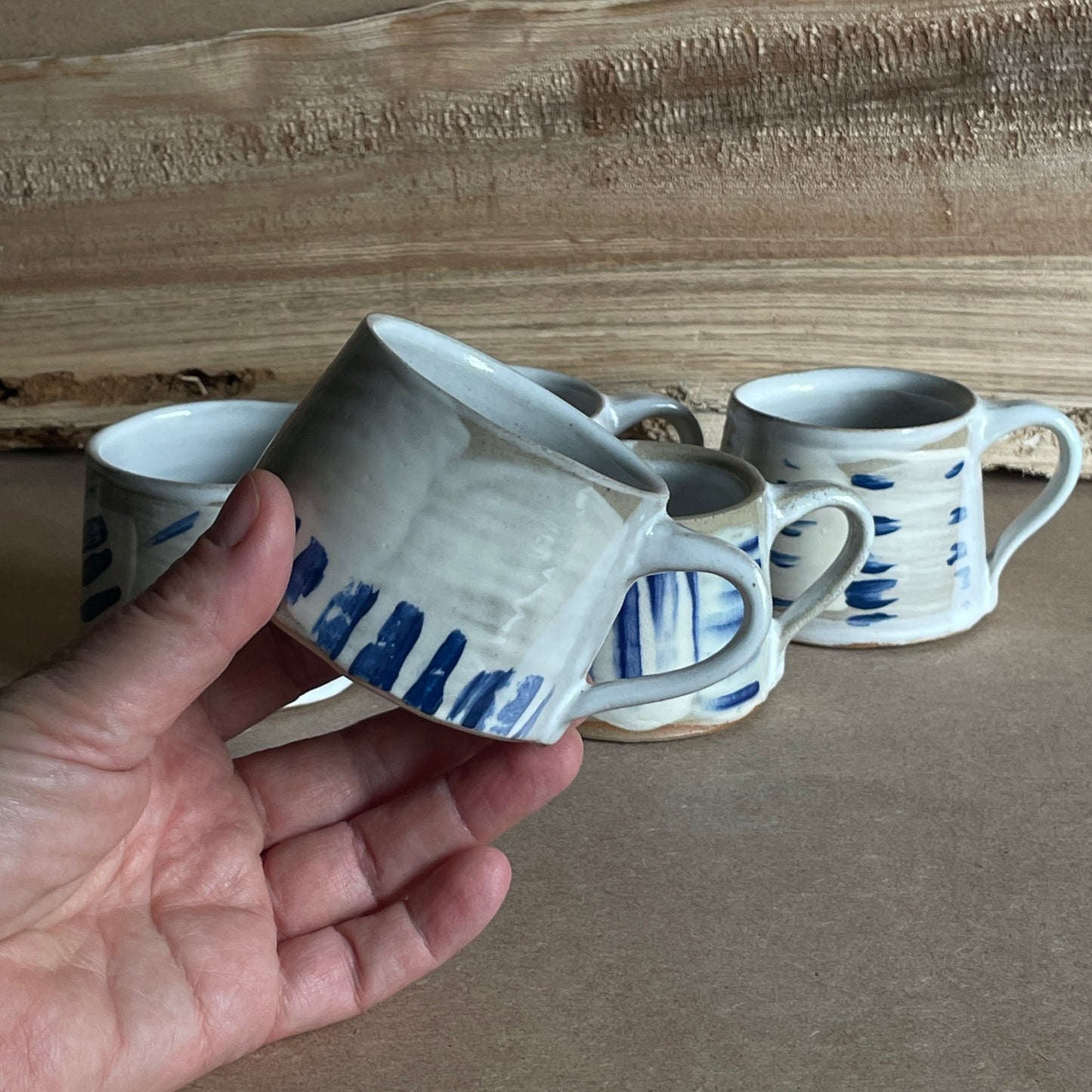Espresso cups in abstract blue stripes - handmade unique ceramic gifts for coffee lovers