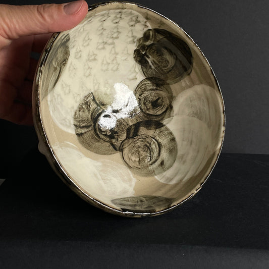 Handmade black and white abstract slip bowl medium - unique painted pottery serving bowl
